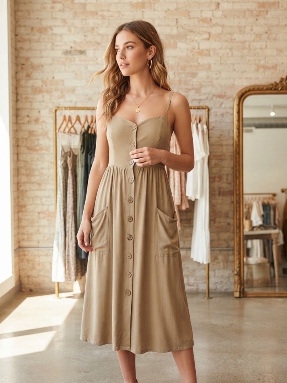 Sleeveless Tan Button-Front Midi Dress with Pockets